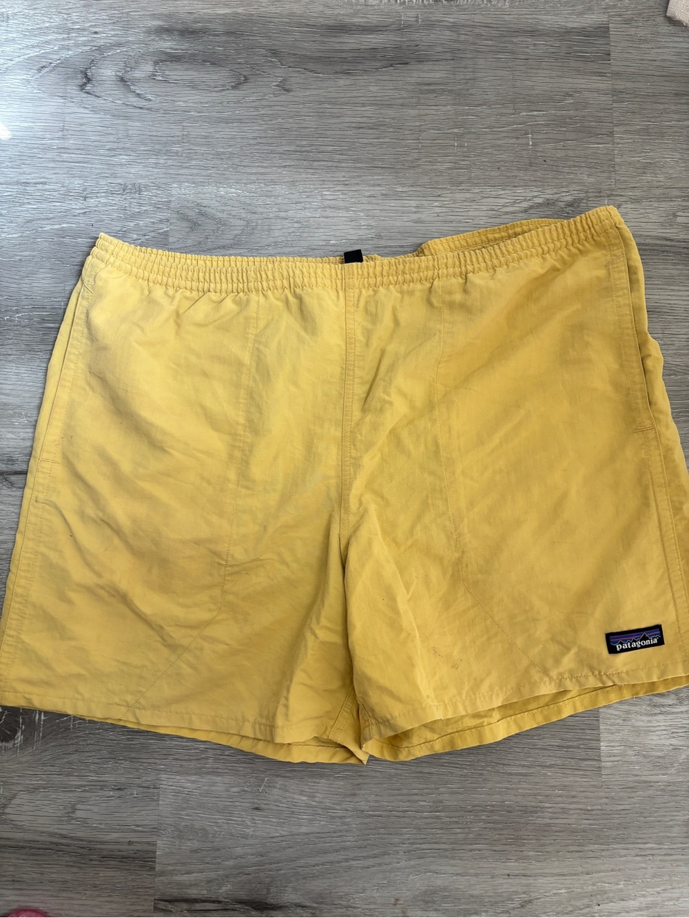 Patagonia Yellow swim Shorts with Black Logo Patch